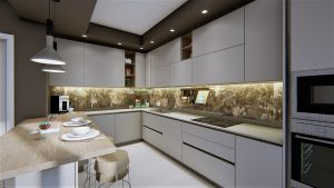 Scopri di più sull'articolo foto render cucina bianca e legno con penisola